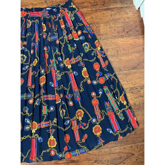 80s Alfred Dunner Navy Pleated Midi Skirt Medals Chain Print Scarf Preppy Sz 10 - Picture 6 of 8